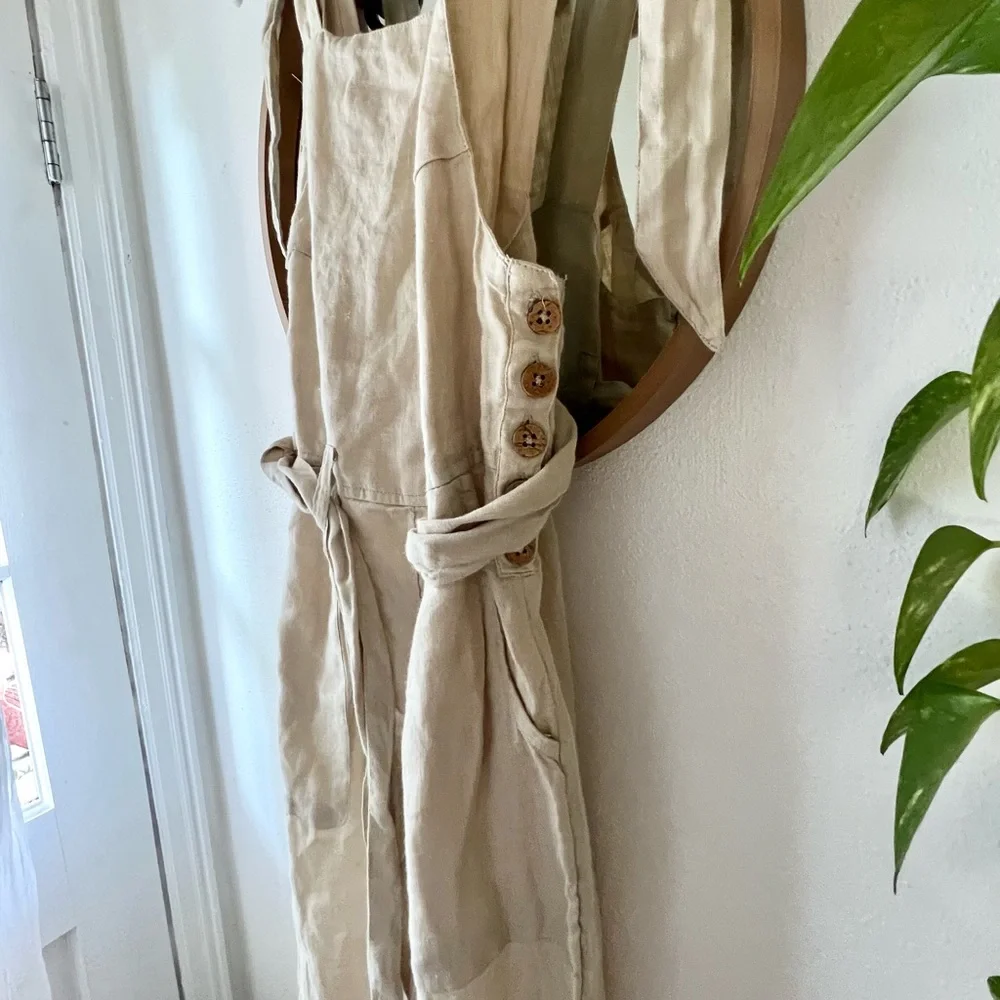 Free People Beige Linen Tie-Back Jumpsuit - Picture 3 of 6
